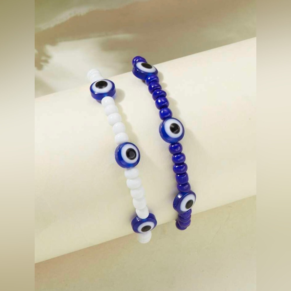 2pcs Evil Eye Blue & White Beaded Couple Bracelet Adjustable Knot